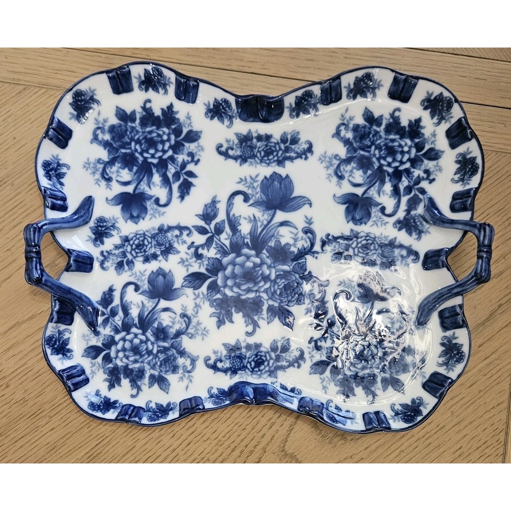 Cracker Barrel Blue And White Porcelain Tray Retired Print Floral Pattern